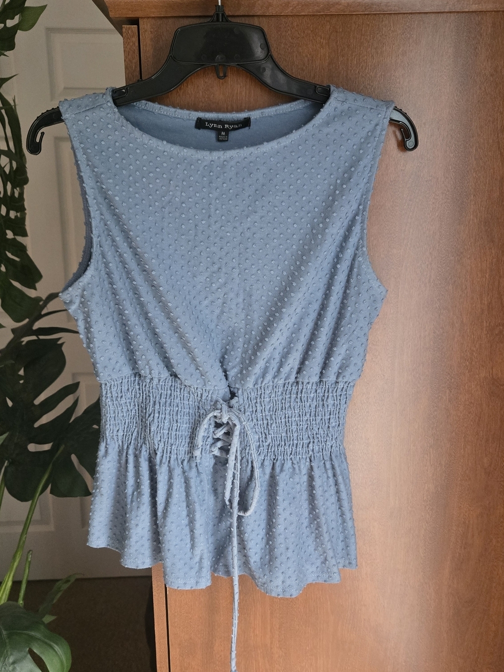 Lynn Ryan Dusty Blue Sleeveless Smocked Peplum Tank